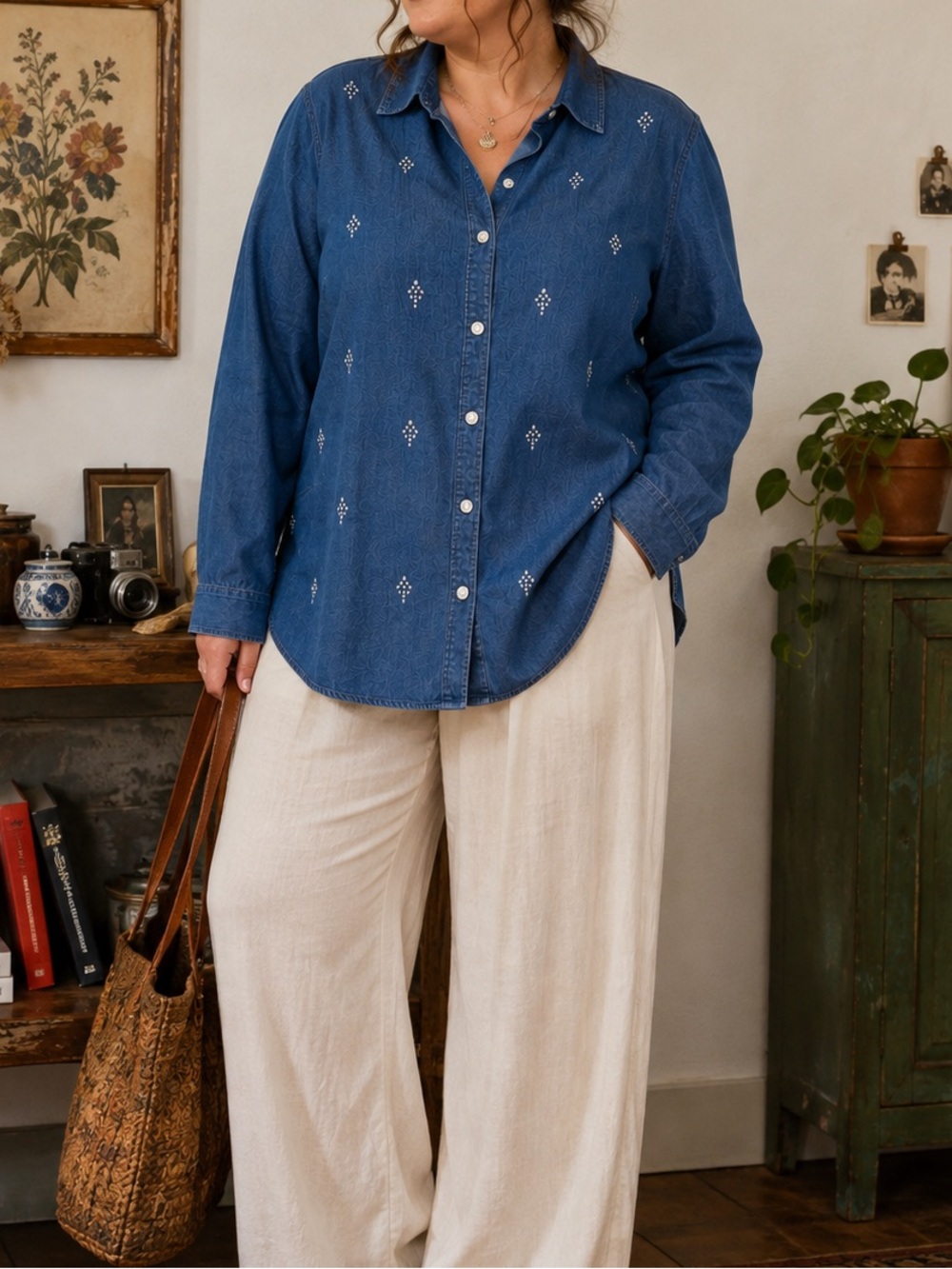 Quacker Factory Jeanne Bice Embellished Chambray Button Down Shirt 1X Rhinestone